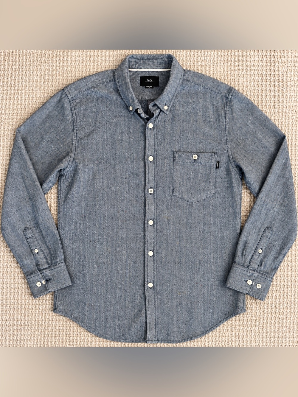 OBEY Men’s L Black White Herringbone Button Up Flecked Cotton Shirt